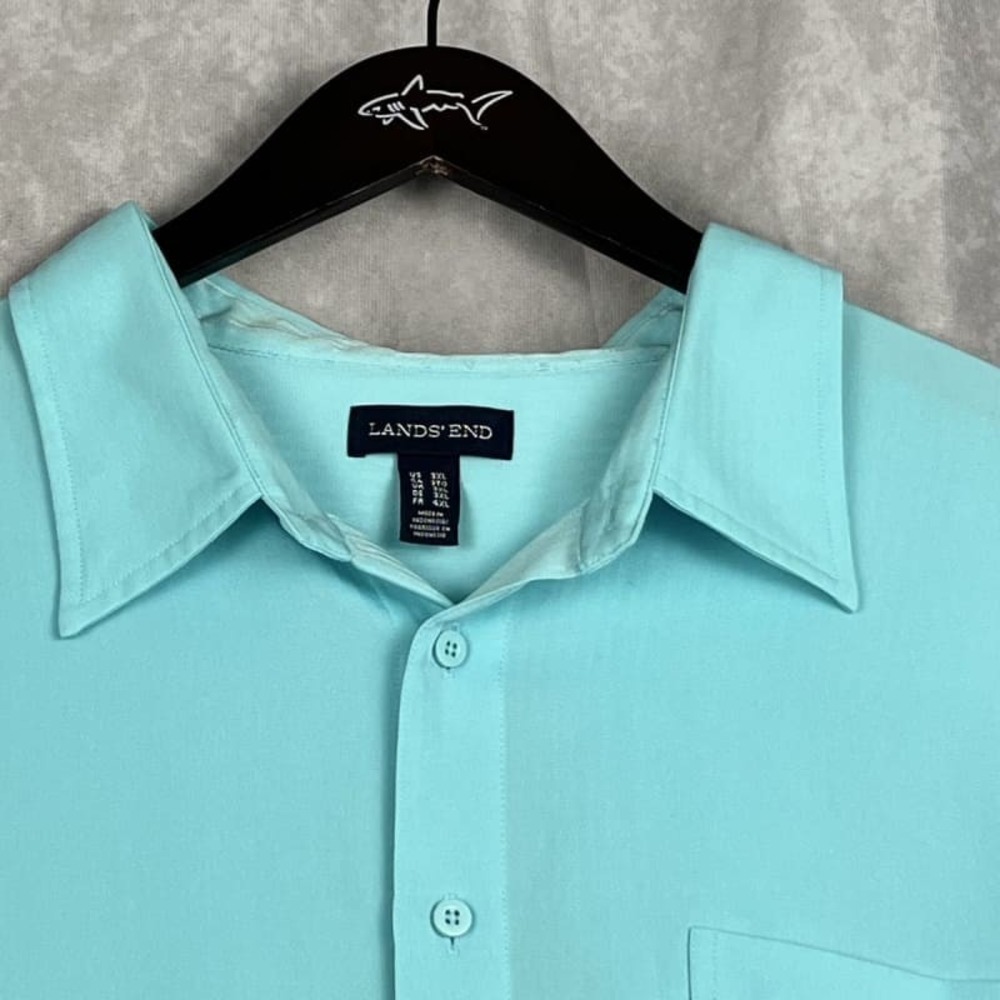 Lands' End Men's 3XL Polo Shirt Aqua Green Short Sleeve Button Up